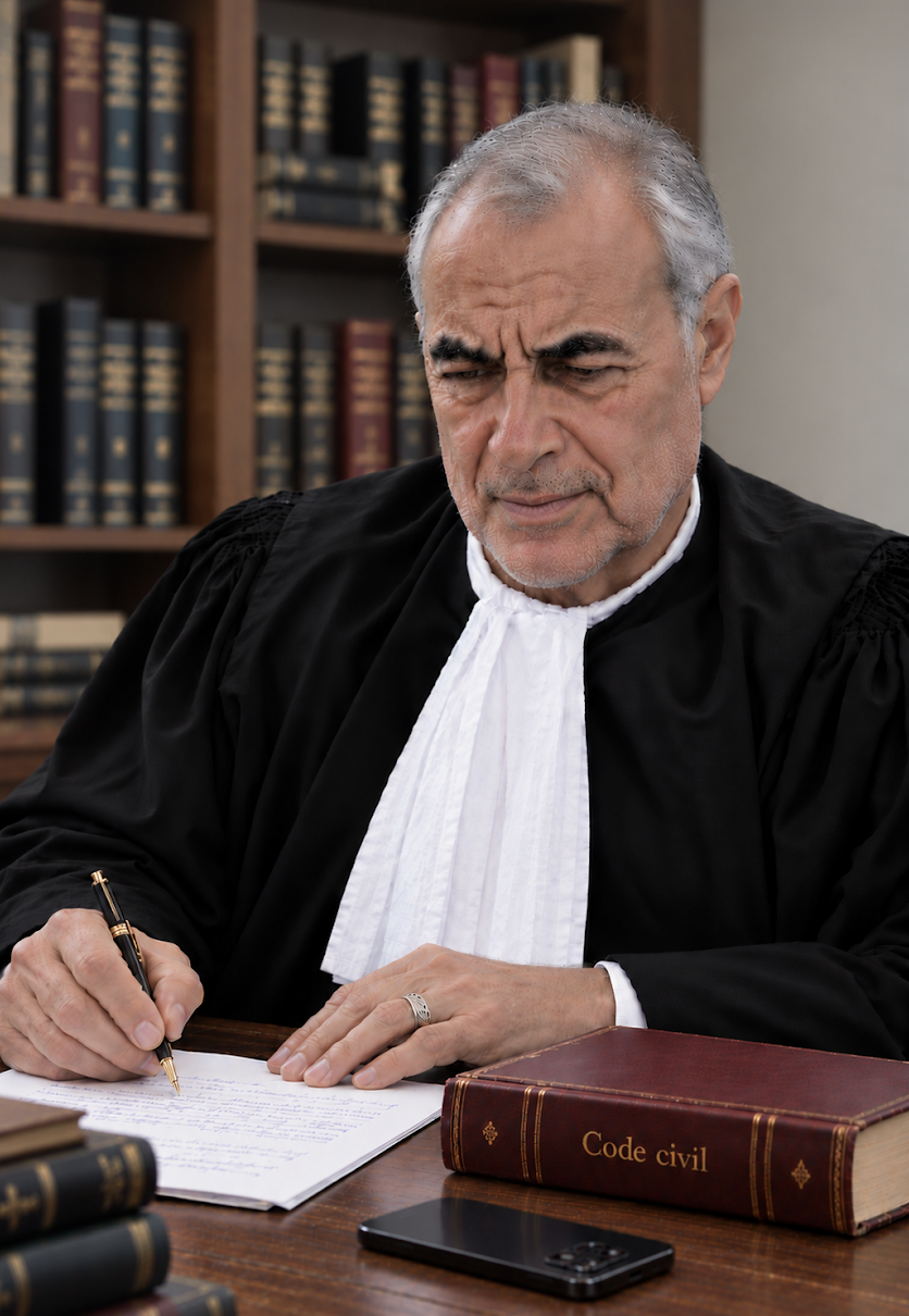 Jean Maurice Bellaiche en robe d’avocat, écrivant à son bureau